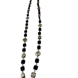 Worthington Long Silver Tone & Black Square Glass Beads Round Disk Link Necklace
